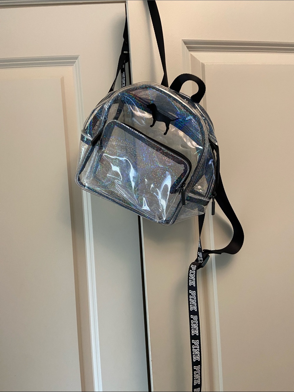 PINK Victoria's Secret Clear Holographic Mini Backpack with Black Trim
